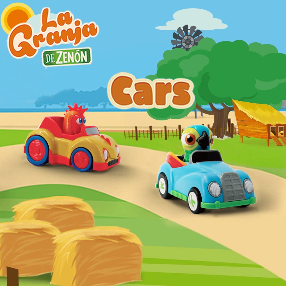 La Granja de Zenon friction-powered toy vehicles featuring the Bartolito Rooster car toy on a playful farm background.