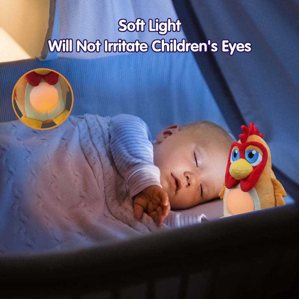 La Granja de Zenon light up toy rooster glowing in the dark beside sleeping child.