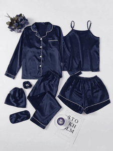 Navy Blue Solid 7 Piece Satin Silk Lingerie Set For Women