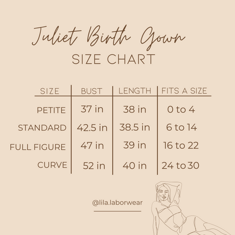 Black Juliet birth gown size chart