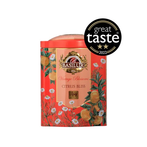 Basilur Citrus Bliss loose leaf tea in a red can