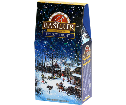 Czarna herbata zimowa Basilur Frosty Night z wanilią i migdałami.