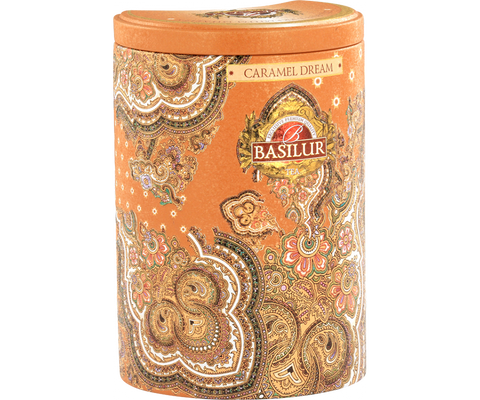 Basilur Caramel Dream black leaf tea with caramel in a can.