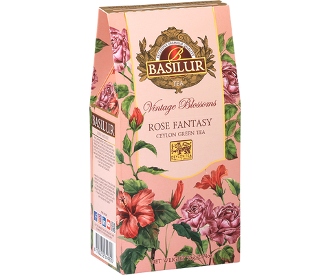 Basilur Rose Fantasy green loose-leaf tea with hibiscus and rose in a cone.