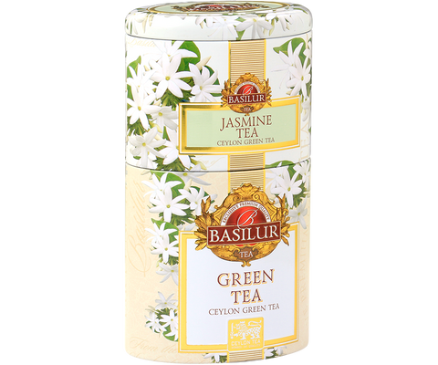 Herbata zielona 2 w 1 Basilur Jasmine & Green w zdobionej puszce.