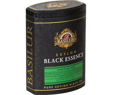 Czarna herbata Basilur Chocolate Mint z kakao i aromatem mięty w puszce.
