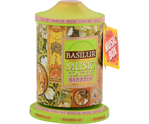 Basilur Music Concert Romantic green tea in a can in the shape of a music box that plays a melody.