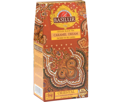 Czarna liściasta herbata Basilur Caramel Dream z karmelem w stożku.