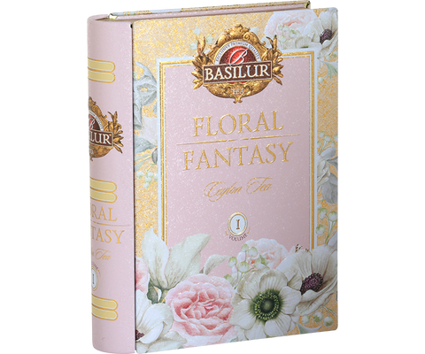 Zielona herbata liściasta Basilur Floral Fantasy Vol. I z hibiskusem, miętą i różą w puszce w kształcie książki.