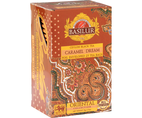 Basilur Caramel Dream black tea with caramel in sachets.