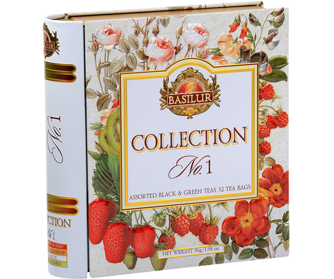 Zestaw herbat Basilur Collection No. I z kwiatowymi i owocowymi dodatkami w puszce.