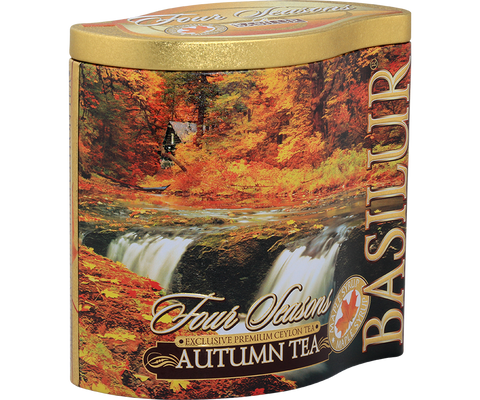 Basilur Autumn Tea black loose leaf tea with maple syrup in a can.