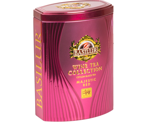 Basilur Majestic Red loose leaf black tea with the addition of red wine aroma in a can.
