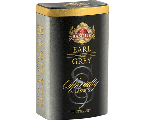 Basilur Earl Gray black tea with bergamot aroma in a can.