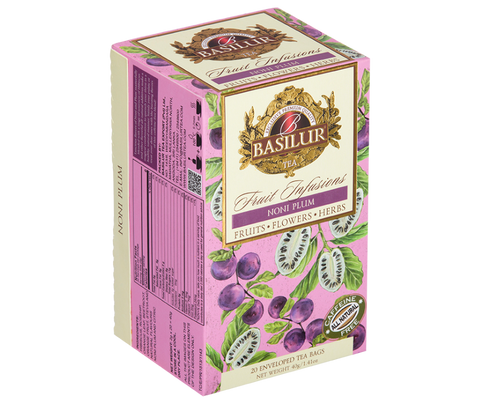 Basilur Noni Plum caffeine-free fruit tea with hibiscus, Indian mulberry, plum and citrus fruits in bags.