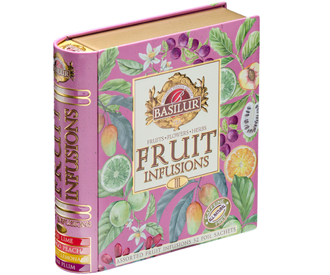 Zestaw herbat owocowych Basilur Fruit Infusions Assorted Vol. III w puszce w kształcie książki.