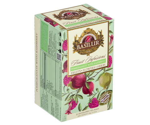 Caffeine-free fruit tea Basilur Pomegranate with Raspberry with hibiscus and rose. pomegranate and raspberry in bags.