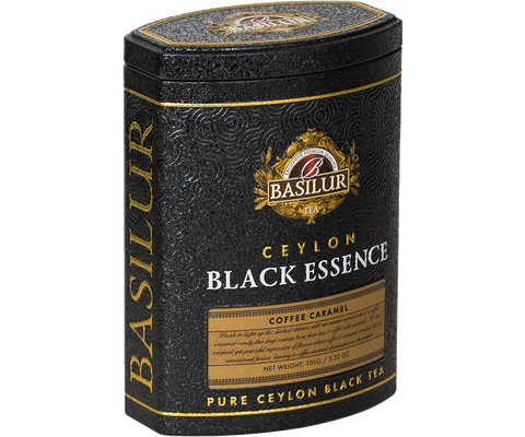 Czarna liściasta herbata Basilur Coffee Caramel z karmelową kawą w puszce.