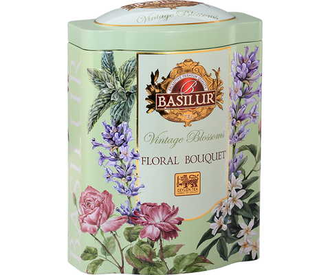 Basilur Floral Bouquet green loose-leaf tea with mint, hibiscus, lawnda and rose in a tin.