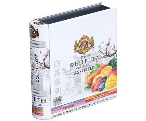 Zestaw białych herbat Basilur White Tea z dodatkiem owoców w puszce.