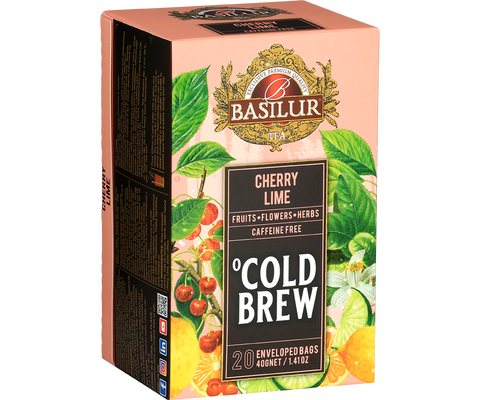 Herbata owocowa bez kofeiny Basilur Cherry Lime z hibiskusem, wiśnią i limonką w torebkach.