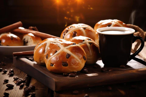 Hot cross bun, hot cross buns originating from Great Britain.