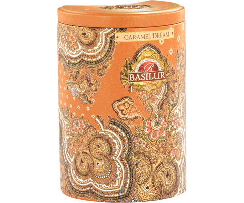 Basilur Caramel Dream black loose-leaf Ceylon tea with caramel in a can.