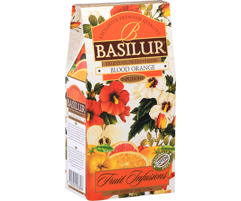 Owocowa herbata bezkofeinowa Basilur Blood Orange z pomarańczą i śmietanką w stożku.