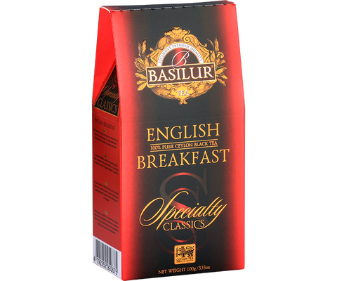 Czarna liściasta herbata cejlońska Basilur English Breakfast bez dodatków w stożku.