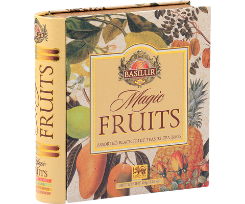 A set of Basilur Magic Fruits Assorted express fruit teas in a book-shaped can with a fruit engraving graphic.