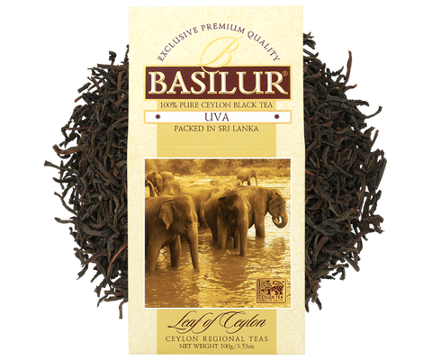 Basilur Uva loose-leaf black tea without additives, enclosed in a cone.