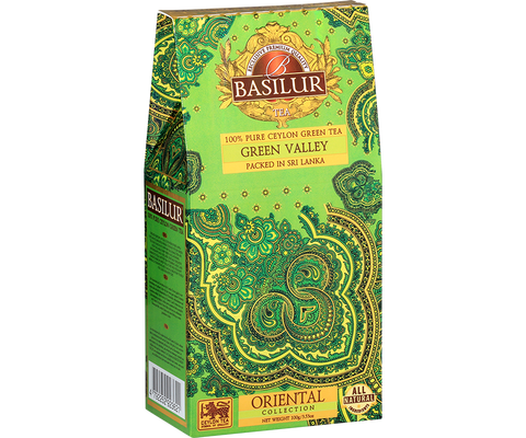 Basilur Green Valley green leaf tea without additives in a cone.
