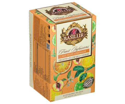 Caffeine-free fruit tea Basilur Mix Fruit Lemonade with the aroma of tropical fruits and citrus.