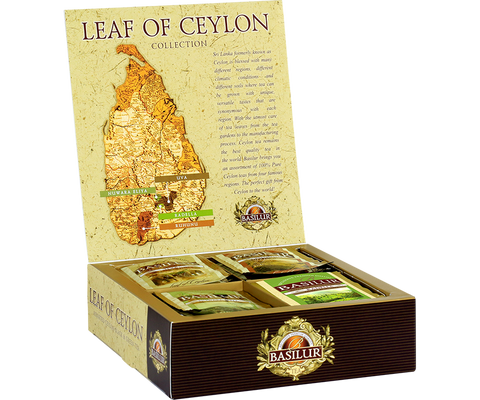 A set of Basilur Leaf of Ceylon express Ceylon teas in a gift tea holder.