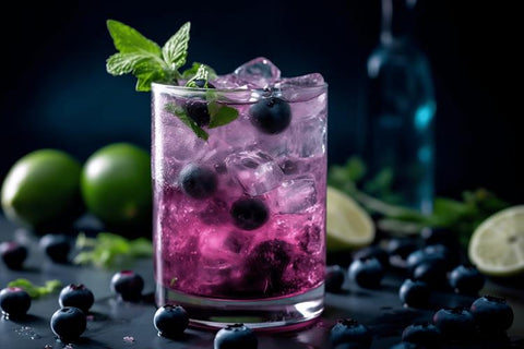 Blueberry Collins; classic drink with gin, tonic and blueberries.