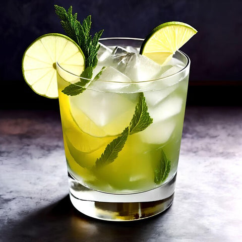 Gin and tonic; chilled drink with tea, fresh mint and lime.