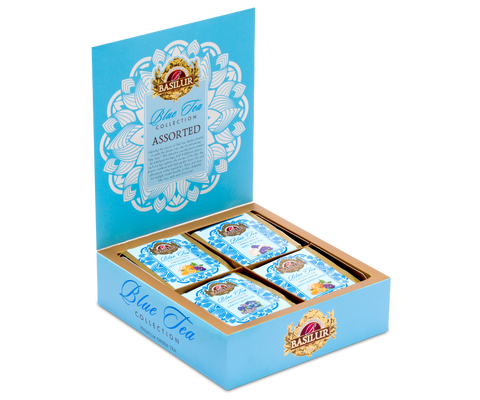 A set of blue Basilur Blue Tea teas in a gift tea holder.