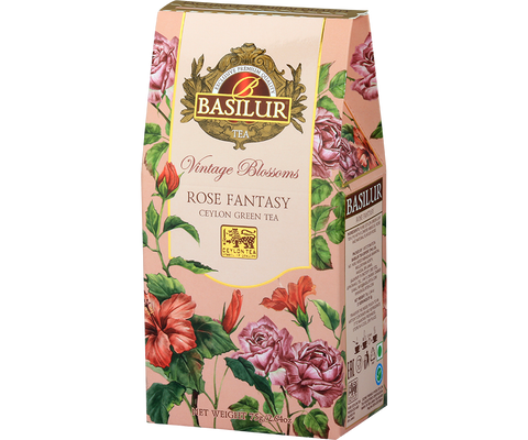 Basilur Rose Fantasy green loose-leaf tea with hibiscus and rose petals in a cone.