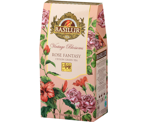 Zielona herbata liściasta Basilur Rose Fantasy z hibiskusem i płatkami róży w stożku.
