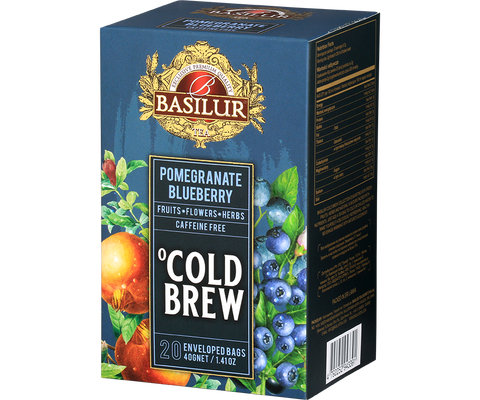 Basilur Pomegranate Blueberry caffeine-free fruit tea with pomegranate and blueberries in bags.