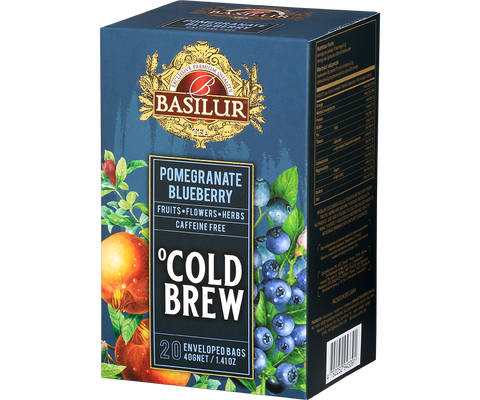 Owocowa herbata bez kofeiny Basilur Pomegranate Blueberry z granatem i borówkami w torebkach.