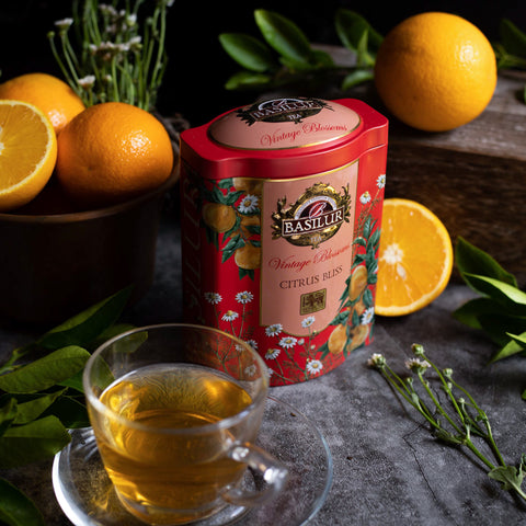 Basilur Citrus Bliss black tea in a red decorative tin