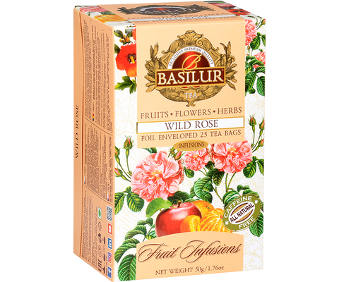 Owocowa herbata bez kofeiny Basilur Wild Rose z jabłkiem, różą i cytryną. Ekspresowa forma.