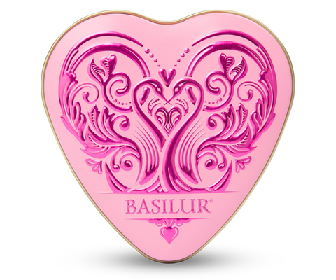 Basilur Forever Joy Ceylon green tea with rose petals and the aroma of cherry ice cream in a heart-shaped can.