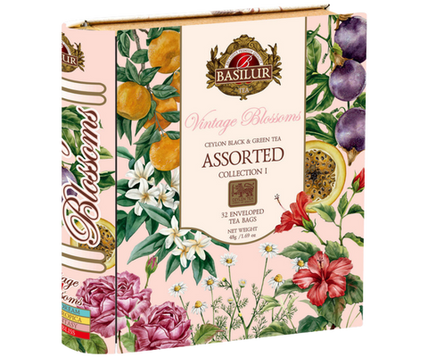 A set of Basilur Vintage Blossoms Ceylon teas with flowers and fruits in a book-shaped metal can.
