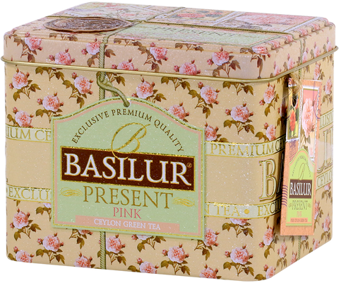 Zielona herbata cejlońska Basilur Present Pink z jaśminem i truskawkami w metalowej puszce w kształcie szkatułki.