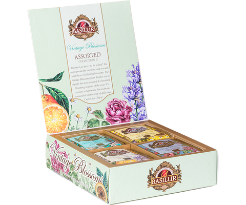 Zestaw herbat cejlońskich Basilur Vintage Blossoms z dodatkiem kwiatów w zdobionej herbaciarce.