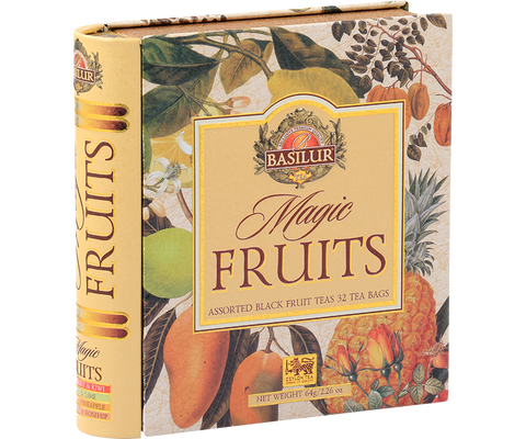 Zestaw czarnych herbat owocowych Basilur Magic Fruits w metalowej puszce w kształcie książki.