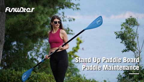 Cette image montre une femme en train de construire une pagaie Tuxedo Sailor, elle est facile à utiliser et ne prend que quelques secondes. Le texte dit : « Stand Up Paddle Board//Entretien de la pagaie »