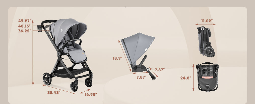 Reversible Baby Stroller, ELITTLE EMU Full-Size Toddler Stroller, Full  Recline Cockpit Compact Stroller, 0-36 Months Newborn Infant Stroller